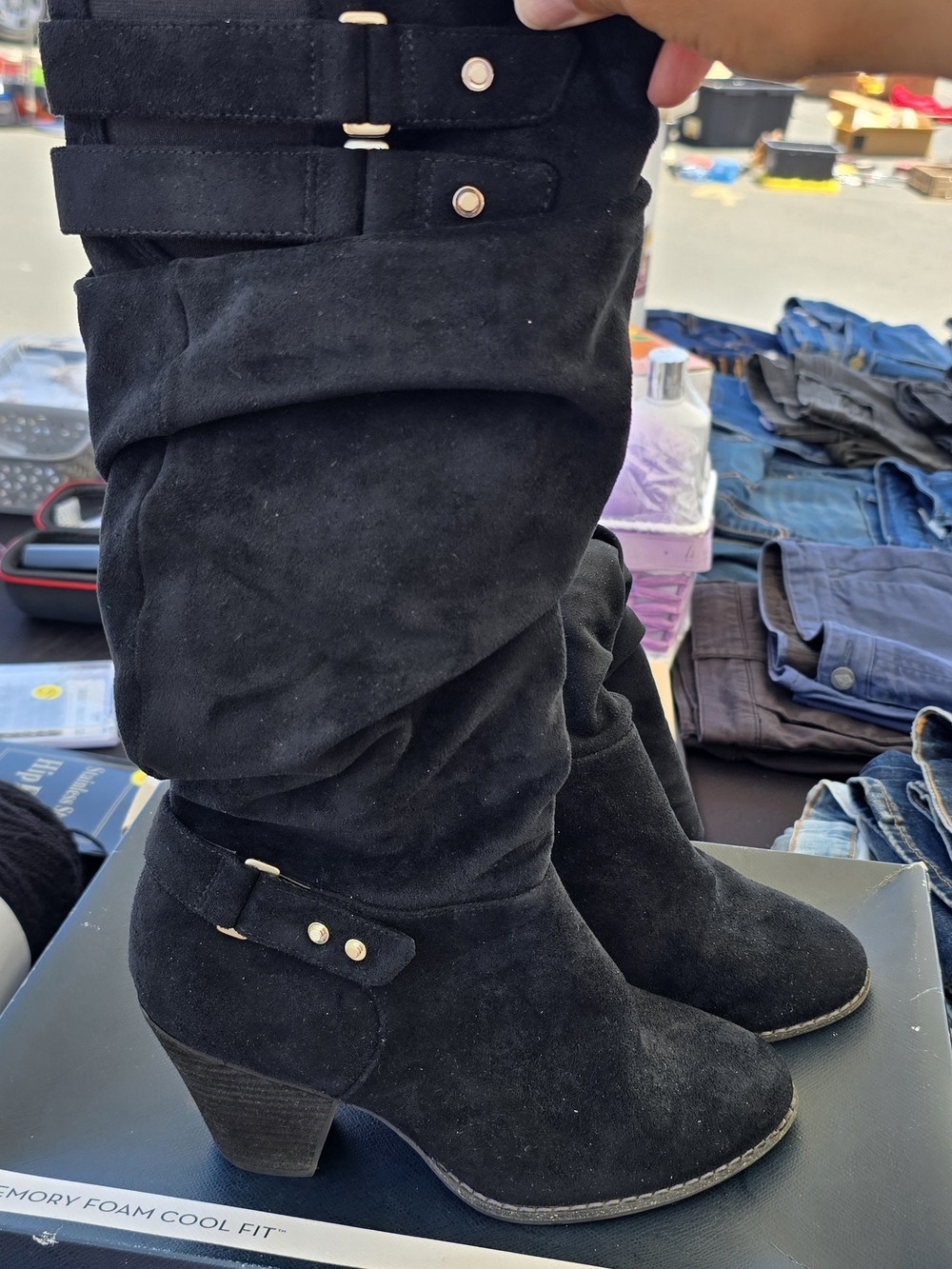 Dr. Scholl's Black Suede Slouch Mid-Calf Heeled Boots